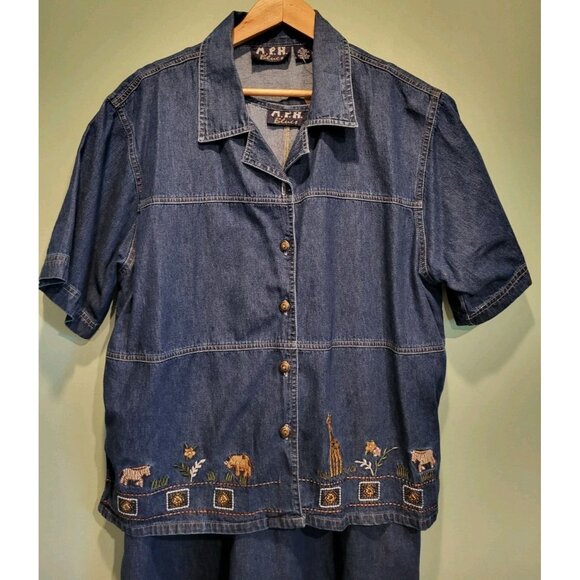 Vtg Deadstock Denim Safari Animal Embroidered Modest 2pc Maxi Dress & Jacket XL - Picture 2 of 14